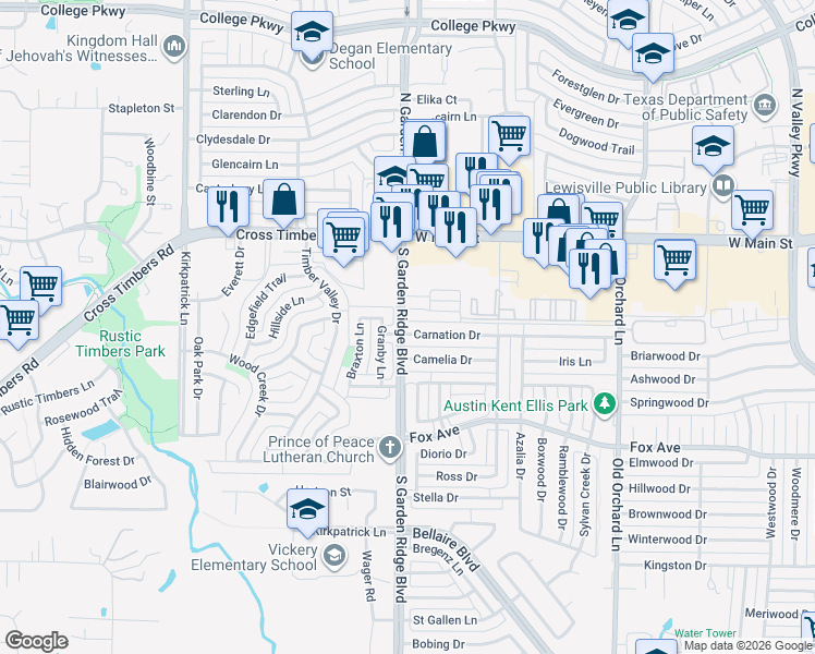 map of restaurants, bars, coffee shops, grocery stores, and more near 1535 Carnation Drive in Lewisville
