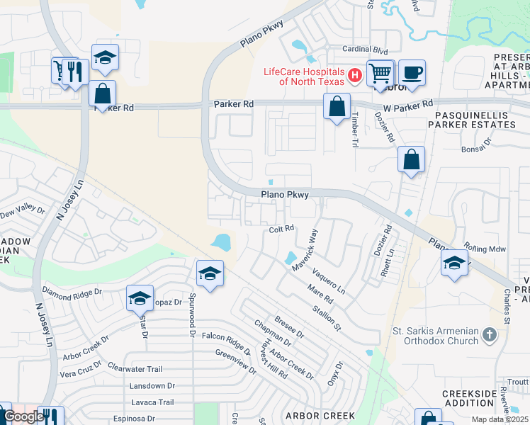 map of restaurants, bars, coffee shops, grocery stores, and more near 4689 Mustang Parkway in Carrollton