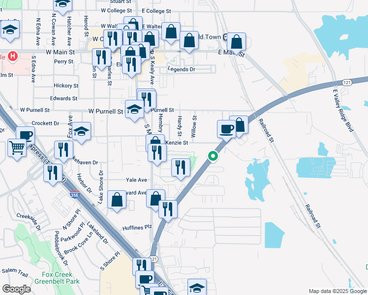 map of restaurants, bars, coffee shops, grocery stores, and more near 562 Mc Kenzie Street in Lewisville