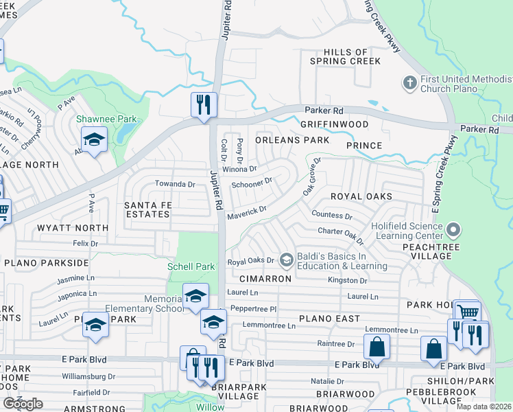 map of restaurants, bars, coffee shops, grocery stores, and more near 2421 Maverick Drive in Plano