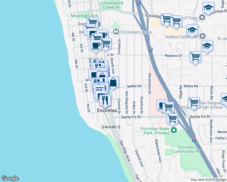 map of restaurants, bars, coffee shops, grocery stores, and more near 1012 Dewitt Avenue in Encinitas