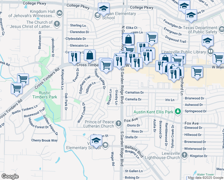 map of restaurants, bars, coffee shops, grocery stores, and more near 3932 Braxton Lane in Flower Mound