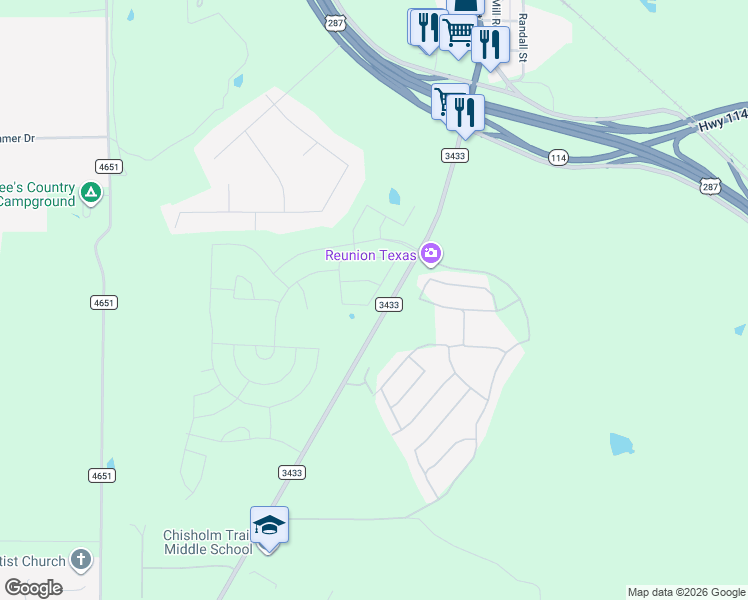 map of restaurants, bars, coffee shops, grocery stores, and more near Farm to Market Road 3433 in Rhome