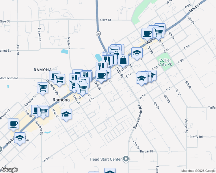 map of restaurants, bars, coffee shops, grocery stores, and more near 421 11th Street in Ramona