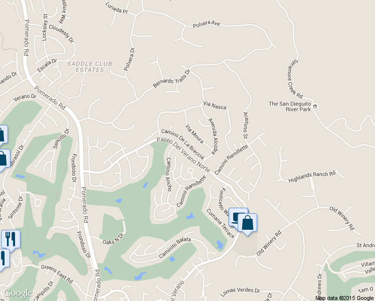 map of restaurants, bars, coffee shops, grocery stores, and more near 12855 Camino De La Breccia in San Diego