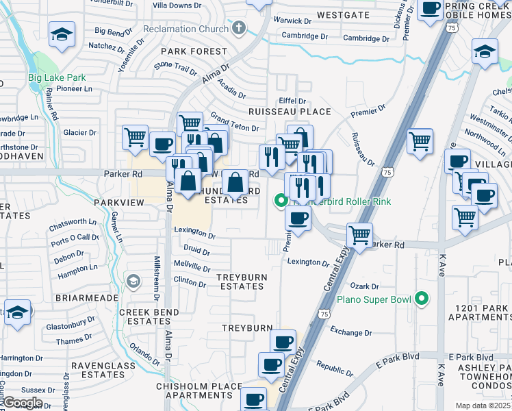 map of restaurants, bars, coffee shops, grocery stores, and more near 3113 Verbena Drive in Plano