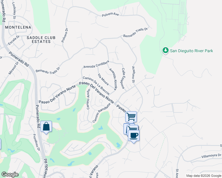 map of restaurants, bars, coffee shops, grocery stores, and more near 12855 Via Moura in San Diego
