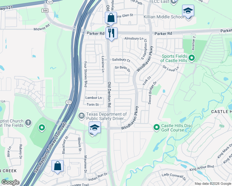 map of restaurants, bars, coffee shops, grocery stores, and more near 2202 Landoine Lane in Lewisville