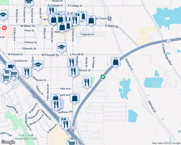 map of restaurants, bars, coffee shops, grocery stores, and more near 562 Mc Kenzie Street in Lewisville
