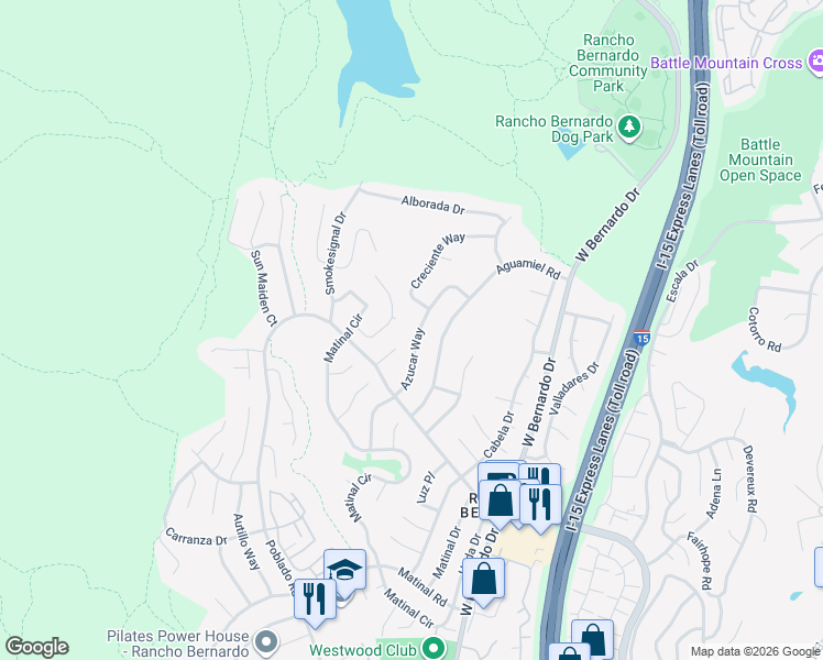 map of restaurants, bars, coffee shops, grocery stores, and more near 17782 Azucar Way in San Diego