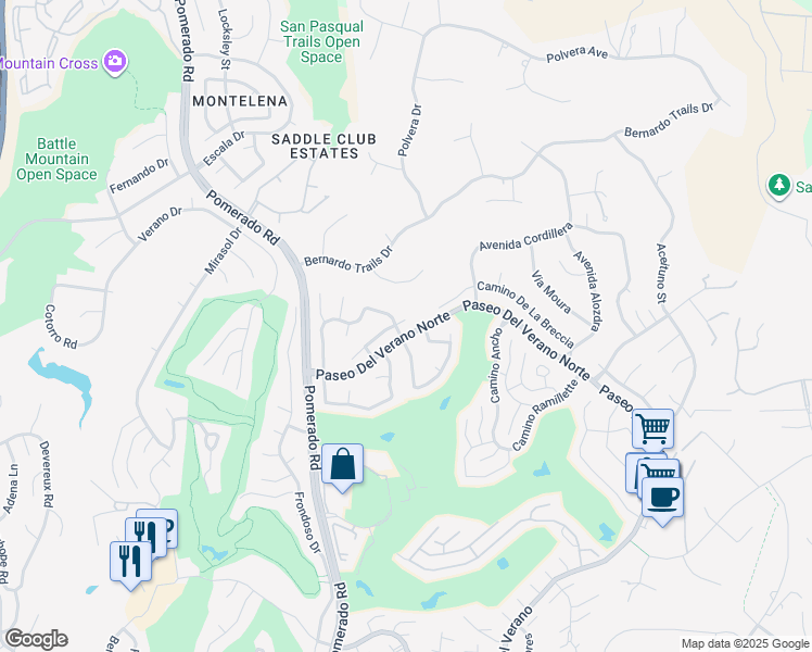 map of restaurants, bars, coffee shops, grocery stores, and more near 12687 Senda Acantilada in San Diego