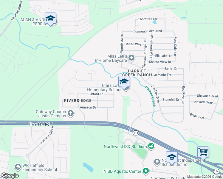 map of restaurants, bars, coffee shops, grocery stores, and more near 1449 Elkford Lane in Justin