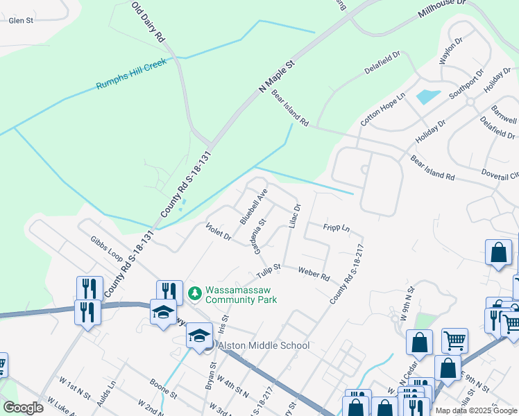 map of restaurants, bars, coffee shops, grocery stores, and more near 209 Bluebell Avenue in Summerville