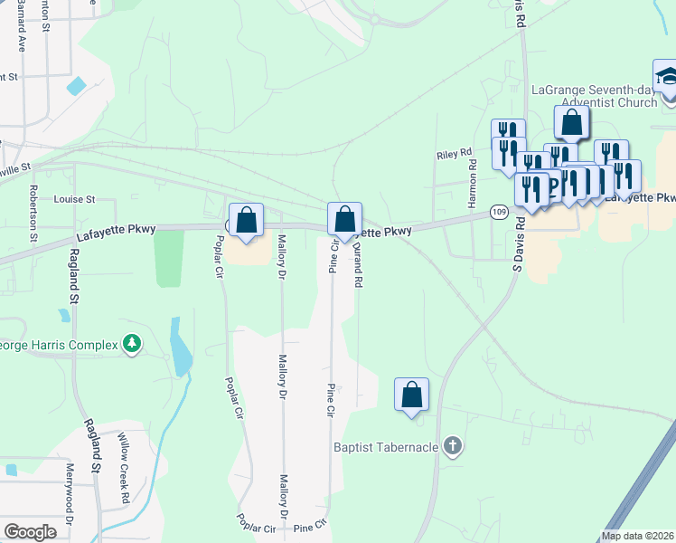 map of restaurants, bars, coffee shops, grocery stores, and more near 115 Pine Circle in LaGrange