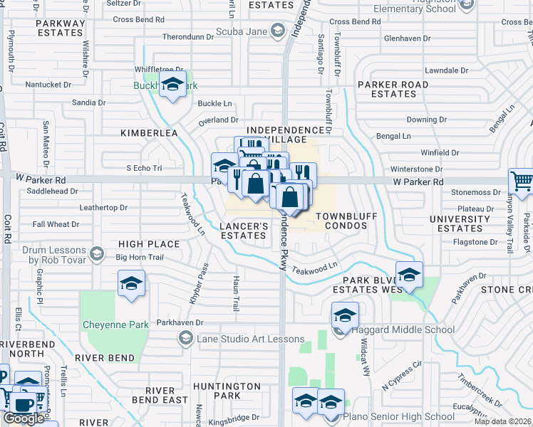 map of restaurants, bars, coffee shops, grocery stores, and more near 3204 Hidden Cove Drive in Plano