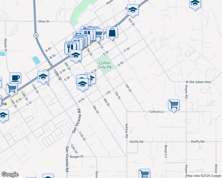 map of restaurants, bars, coffee shops, grocery stores, and more near 829 7th Street in Ramona