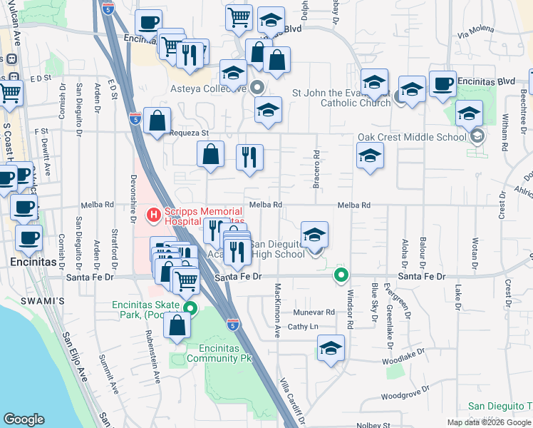 map of restaurants, bars, coffee shops, grocery stores, and more near 1009 Arcadia Road in Encinitas