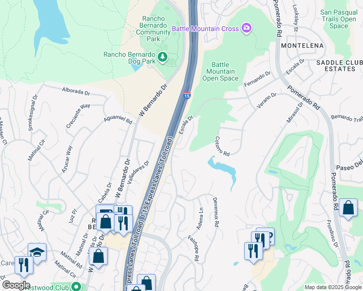 map of restaurants, bars, coffee shops, grocery stores, and more near 18117 Chretien Court in San Diego