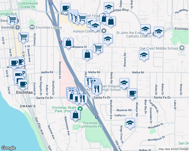 map of restaurants, bars, coffee shops, grocery stores, and more near 1042 Golden Road in Encinitas