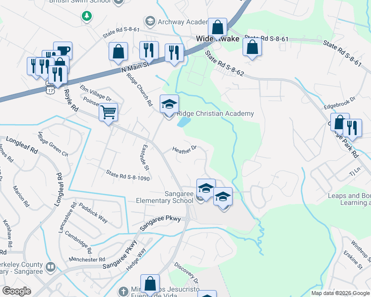 map of restaurants, bars, coffee shops, grocery stores, and more near 116 Heather Drive in Summerville