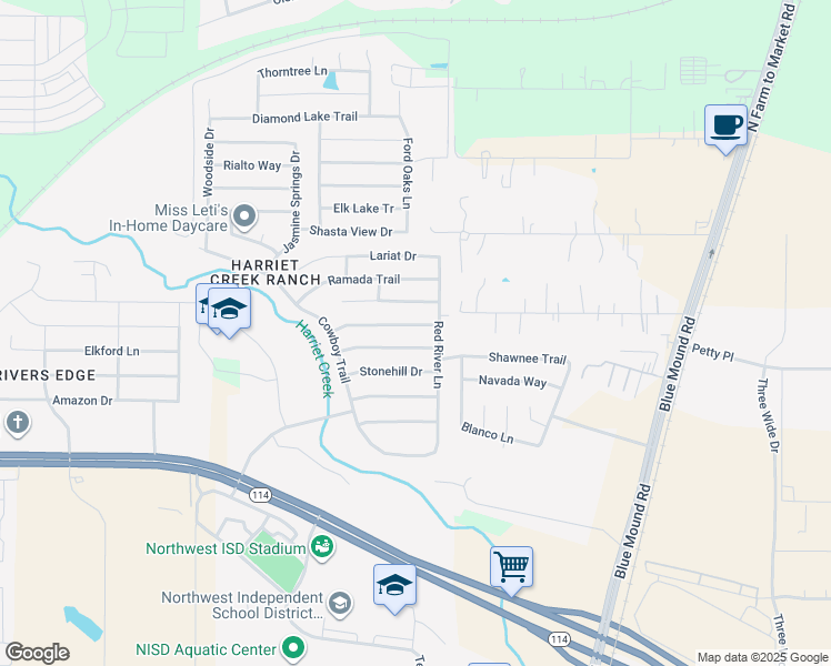 map of restaurants, bars, coffee shops, grocery stores, and more near 1948 Copper Mountain Drive in Justin