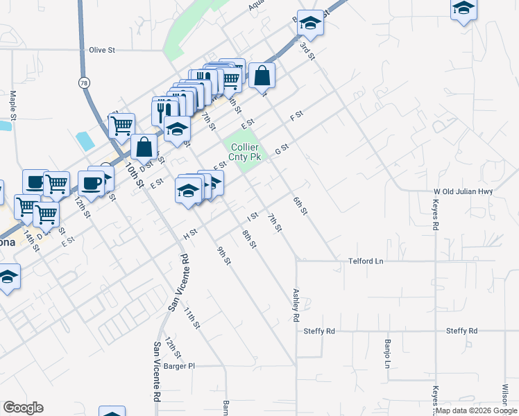 map of restaurants, bars, coffee shops, grocery stores, and more near 829 7th Street in Ramona