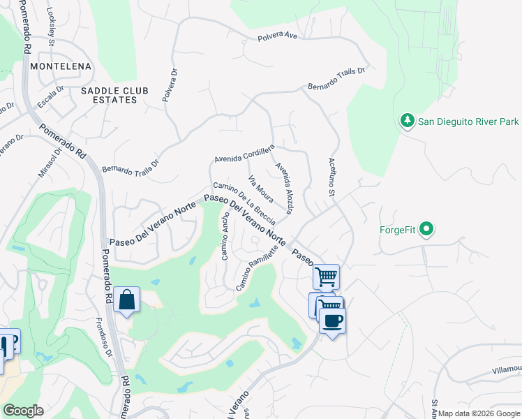 map of restaurants, bars, coffee shops, grocery stores, and more near 12850 Camino De La Breccia in San Diego
