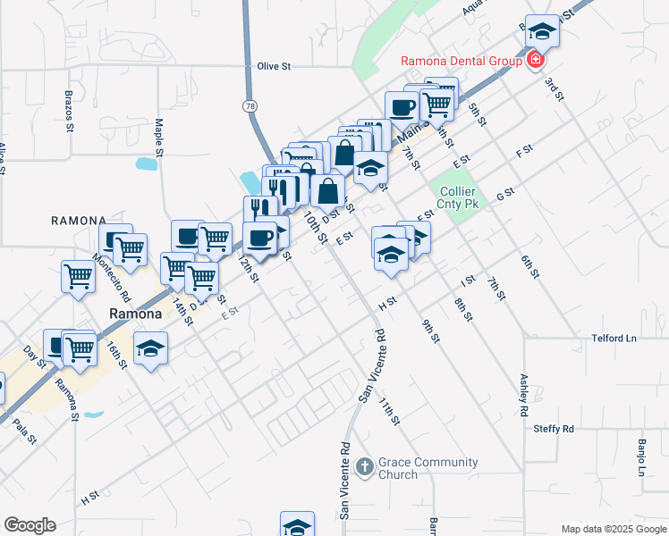 map of restaurants, bars, coffee shops, grocery stores, and more near 527 10th Street in Ramona