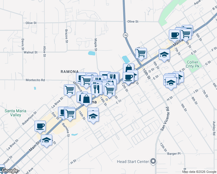 map of restaurants, bars, coffee shops, grocery stores, and more near 1315 Main Street in Ramona