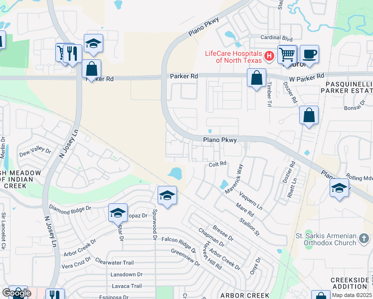 map of restaurants, bars, coffee shops, grocery stores, and more near 4645 Plano Parkway in Carrollton