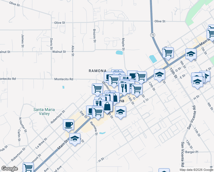 map of restaurants, bars, coffee shops, grocery stores, and more near 1501 Montecito Road in Ramona