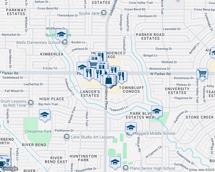 map of restaurants, bars, coffee shops, grocery stores, and more near 216 Independence Parkway in Plano