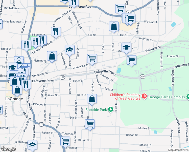 map of restaurants, bars, coffee shops, grocery stores, and more near 808 Hines Street in LaGrange