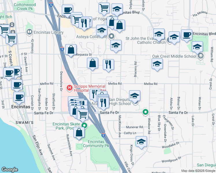 map of restaurants, bars, coffee shops, grocery stores, and more near 1015 Gardena Road in Encinitas