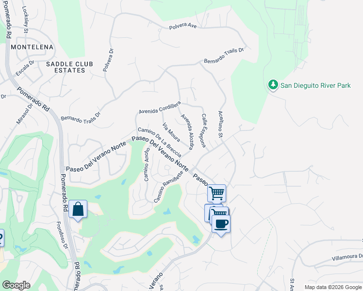 map of restaurants, bars, coffee shops, grocery stores, and more near 12883 Via Moura in San Diego