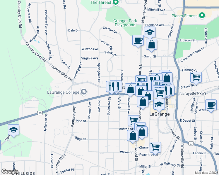 map of restaurants, bars, coffee shops, grocery stores, and more near 600 Vernon Street in LaGrange