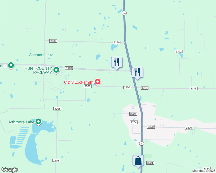 map of restaurants, bars, coffee shops, grocery stores, and more near 4421 County Road 2200 in Greenville