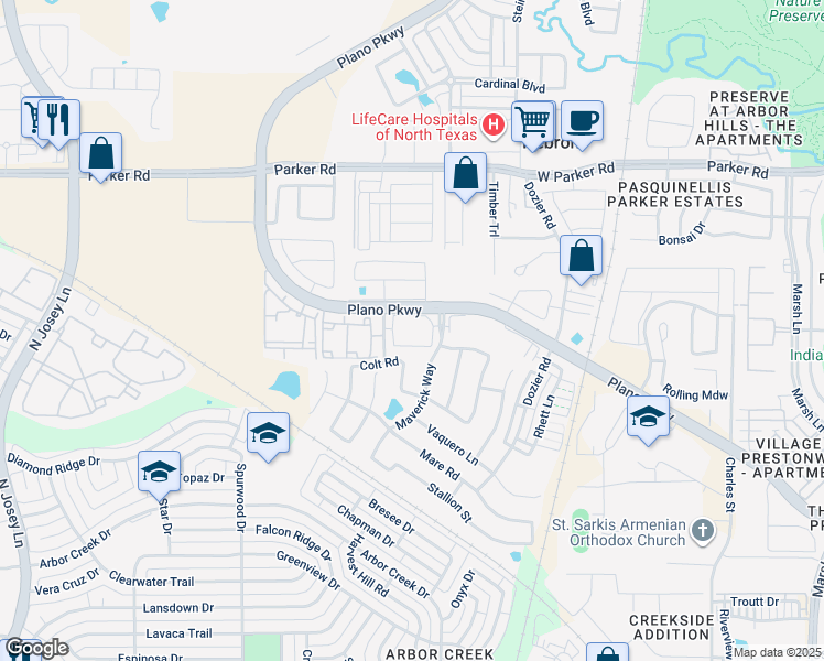 map of restaurants, bars, coffee shops, grocery stores, and more near 2217 Colt Road in Carrollton