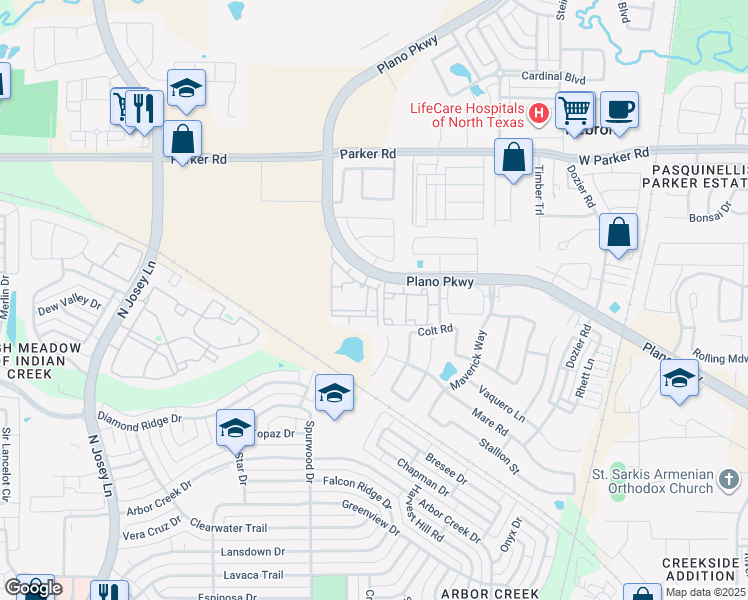 map of restaurants, bars, coffee shops, grocery stores, and more near 4689 Mustang Parkway in Carrollton