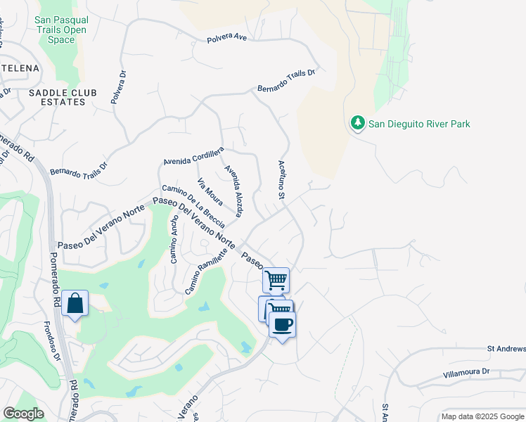 map of restaurants, bars, coffee shops, grocery stores, and more near 18018 Calle Estepona in San Diego