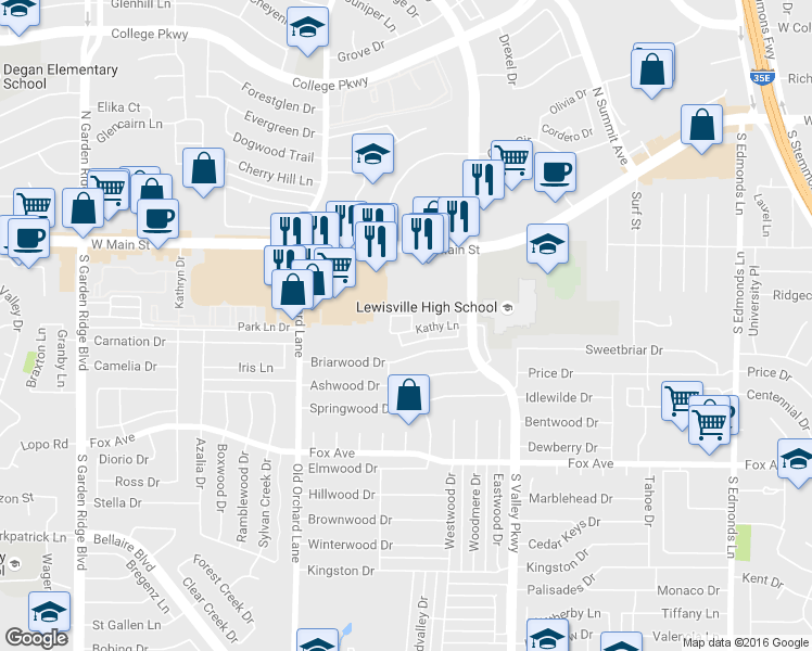 map of restaurants, bars, coffee shops, grocery stores, and more near 738 Diane Circle in Lewisville