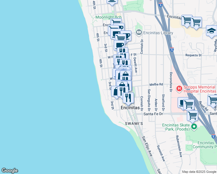 map of restaurants, bars, coffee shops, grocery stores, and more near 950 3rd Street in Encinitas