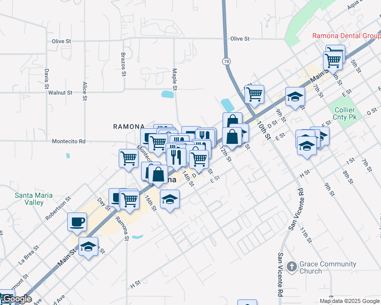 map of restaurants, bars, coffee shops, grocery stores, and more near 1315 Main Street in Ramona