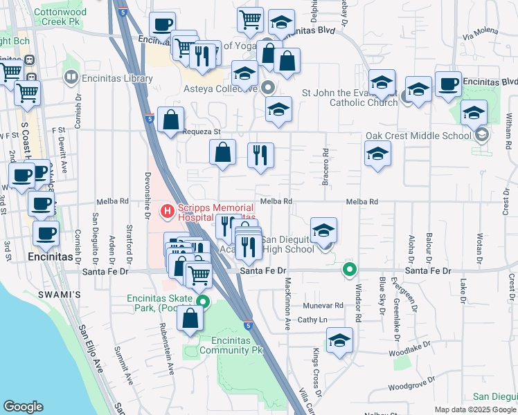 map of restaurants, bars, coffee shops, grocery stores, and more near 1015 Gardena Road in Encinitas