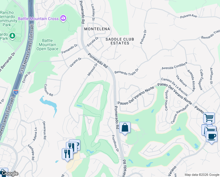 map of restaurants, bars, coffee shops, grocery stores, and more near 17888 Frondoso Drive in San Diego