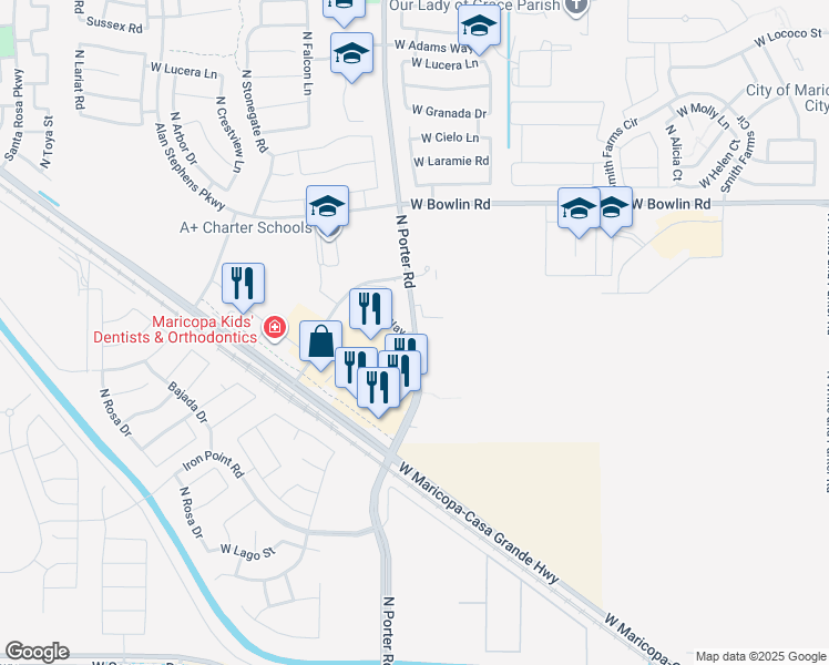 map of restaurants, bars, coffee shops, grocery stores, and more near 17581 North Porter Road in Maricopa