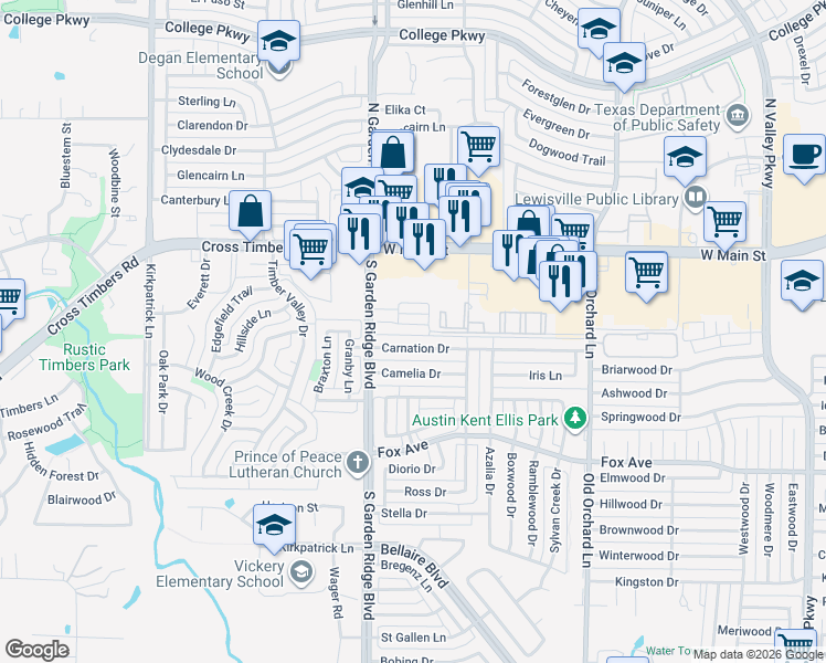 map of restaurants, bars, coffee shops, grocery stores, and more near 1510 Barbara Drive in Lewisville