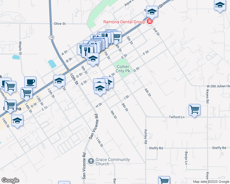 map of restaurants, bars, coffee shops, grocery stores, and more near 8th Street in Ramona