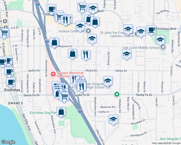 map of restaurants, bars, coffee shops, grocery stores, and more near 1025 Arcadia Road in Encinitas
