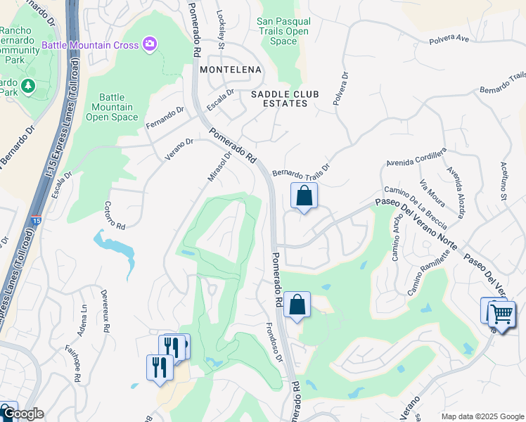 map of restaurants, bars, coffee shops, grocery stores, and more near 17888 Frondoso Drive in San Diego